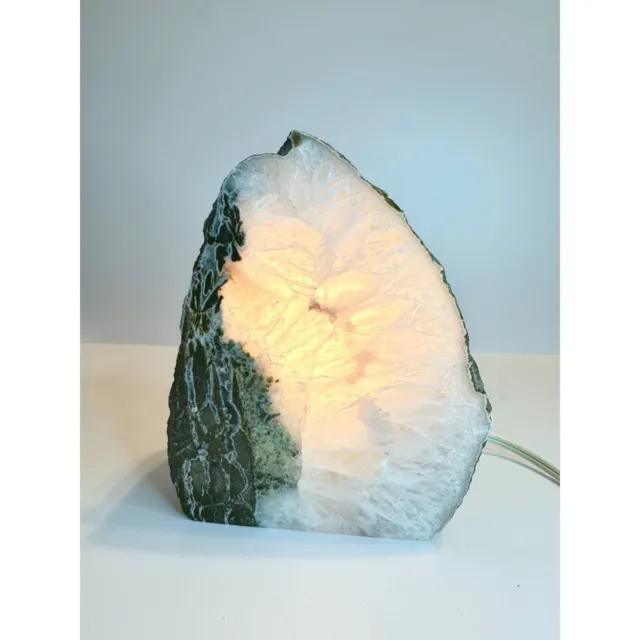 Agate Geode White Crystal Lamp Natural Cut Stone Rustic Plus Cord and Bulb