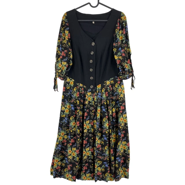 Vintage Tyrol Dirndl Oktoberfest Nero Floreale Vestito Taglia Eu 42 UK 16 USA 12