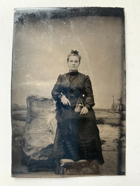 Tintype photo Women in Traditional Dress beach scene c1870 Antique 1/6 Plate