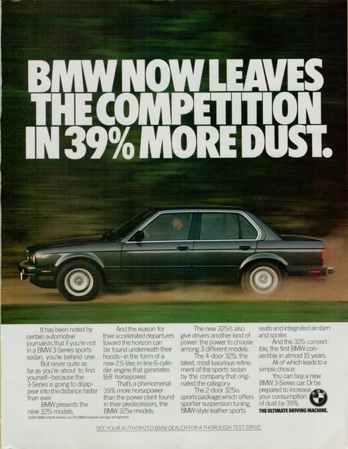 1987 BMW 3-Series Sport Sedan 325is 39% More Dust Action Photo VINTAGE PRINT AD