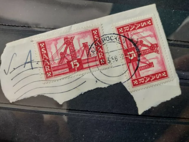 Saarland: Briefstück  2 x Mi-Nr.329 / 15 f - mit Rundstempel Saarbrücken 16.3.56