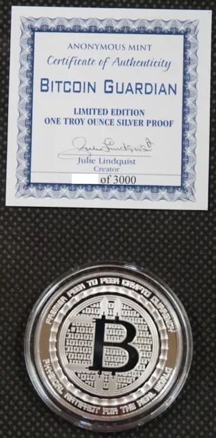 Bitcoin Guardian Commemorative 1 oz .999 Silver Proof Round Capsuled Coin W/ COA 2