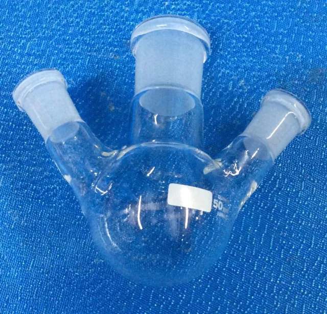 Chemglass Glass 14/20 Joint 3-Neck 50mL Round Bottom Reaction Flask. CLEAN