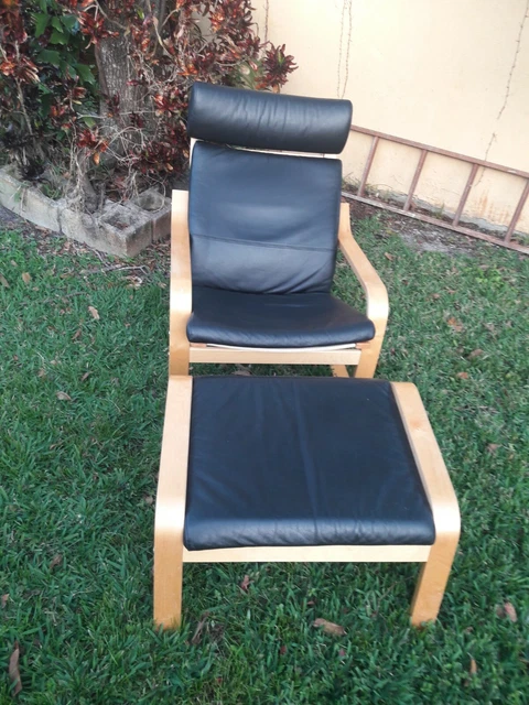 Ikea Poang Chair Armchair and Footstool Set with Black Leather