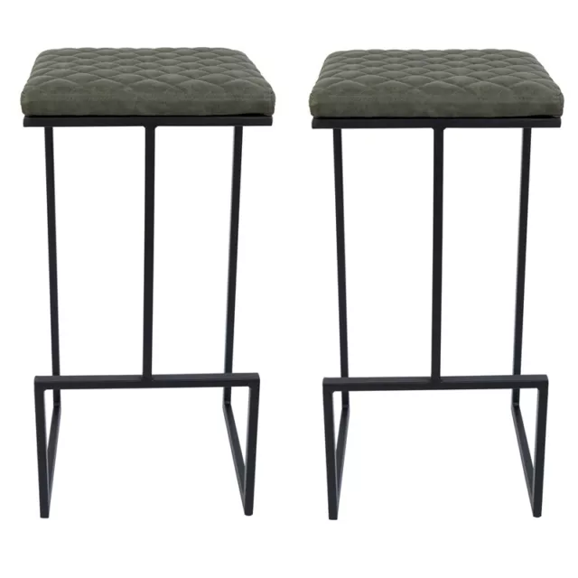 LeisureMod Quincy Quilted Stitched Leather Bar Stools Set of 2 in Olive Green