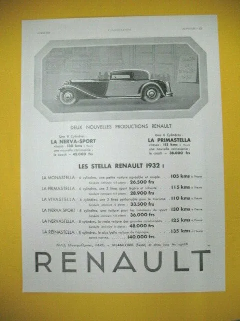 Publicite De Presse Renault Automobile Nerva-Sport Et Primastella 1932
