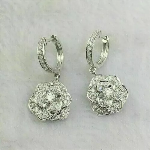 2.00 Ct Round Cut Simulated Diamond Drop Dangle Earrings 14k White Gold Plated
