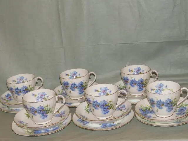 6 Adderley Cornflower Bone China Trios Tea Cups, Saucers & Side Plates H487