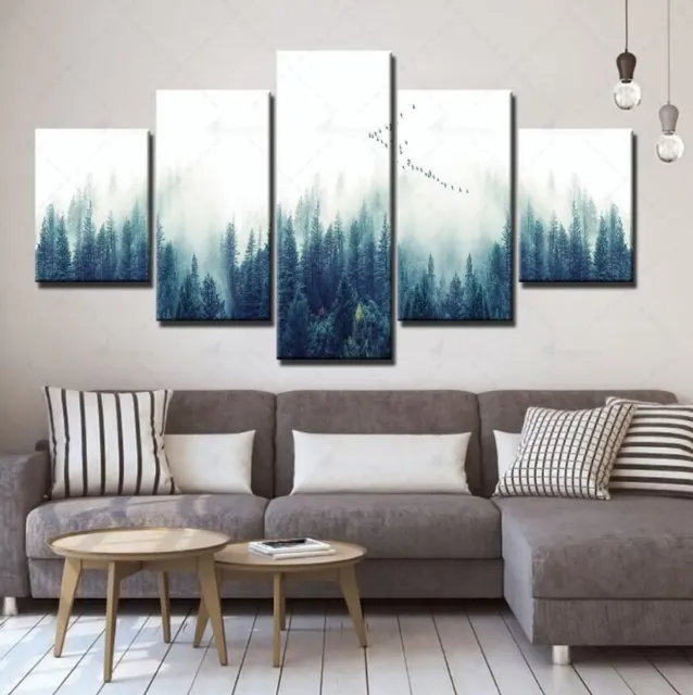 5Pcs Wall Art Canvas Painting Picture Home Decor Modern Abstract Forest Tree Fog