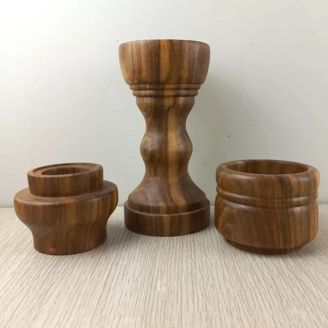 Hand Turned Walnut Candle Holder Collection Set of 3 Asstd Shapes Wooden Decor