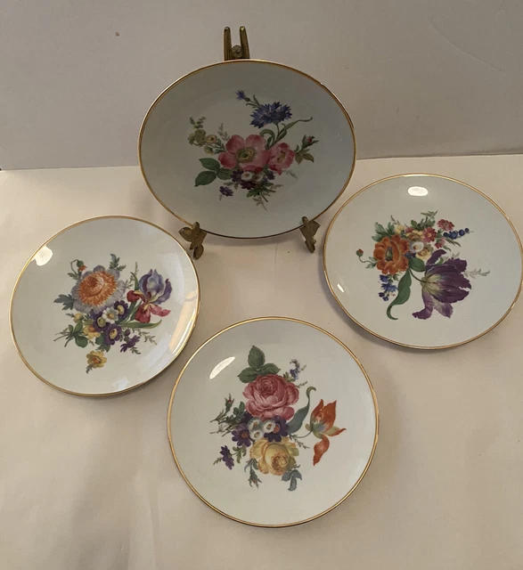 Vtg Bareuther Waldsassen Bavaria Germany Set of 4 Floral Gold Trim Plates #162