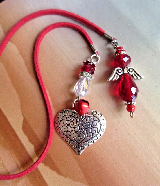 Decorated Heart & Red Angel Charm, Crystal, Bell  Book Thong w Suede Cord 16 in