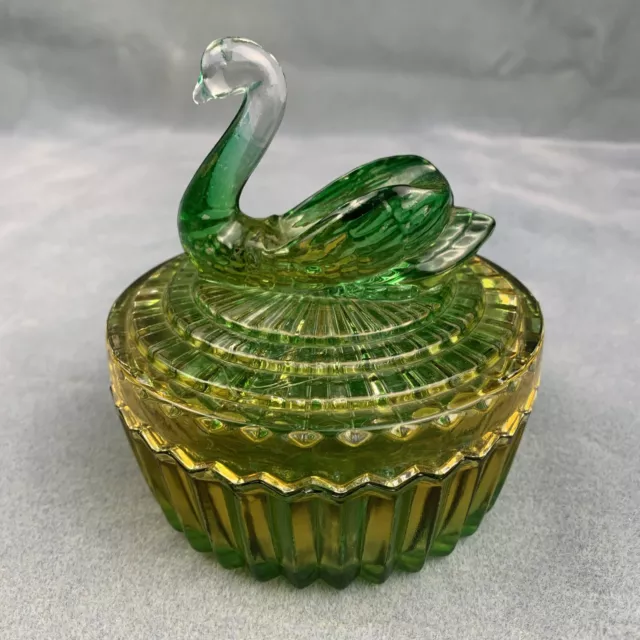 Vintage Jeanette Green Amber Flashed Glass Candy Dish Jewelry Trinket Swan Bird