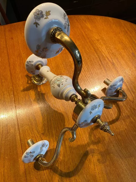Vintage Classic 3 Arm Brass & Painted Ceramic Chandelier 19" W  X 22" L