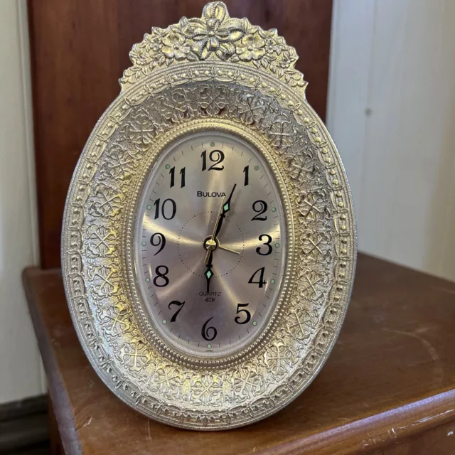 Bulova Quartz Gold Tone Mantle Desk Clock Oval Ornate Vintage 4X6" Works!