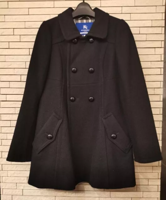 Burberry Blue Label Wool Coat Black Collar Rabbit fur Check Women Size 38/M NEW