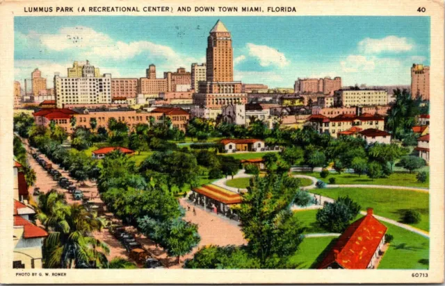 Postcard 1937 Lummus Park Birds Eye View Downtown Miami Beach Florida A101