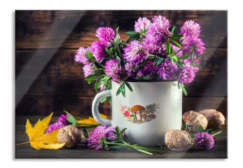 Fleurs de Trèfle En Pot en Tôle Photo En Verre Véritable, Incl. Support Mural