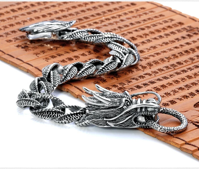 Men's Jewelry Vintage Sterling Silver 925 Bracelet Male's Double Dragon Head