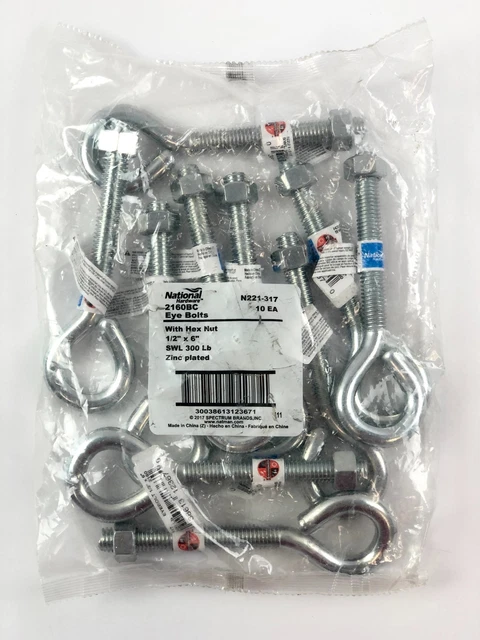 National Hardware N221-317 Zinc Plated Eye Bolts with Hex Nut 1/2 x 6 in 10-Pack