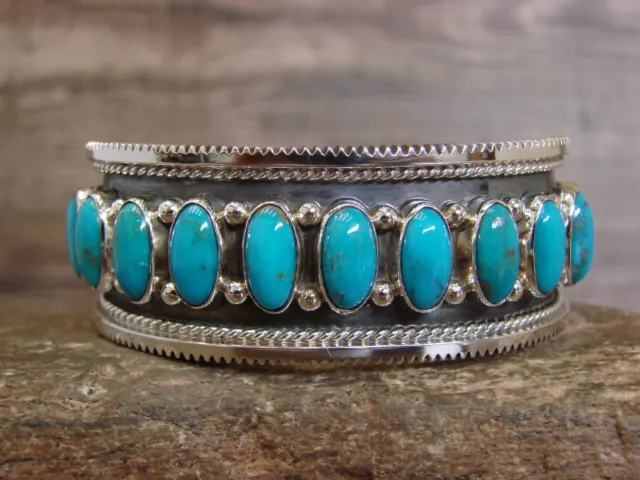 Navajo Indian Sterling Silver Turquoise Row Bracelet Signed Tom Lewis