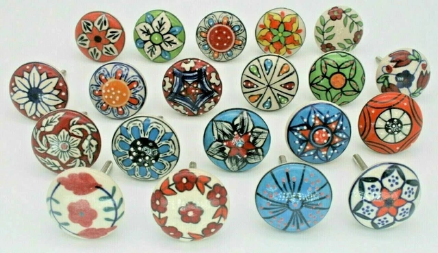 Hand Painted Lot of 10 colorful Ceramic Cabinet Knobs Pulls Drawer Door Handles