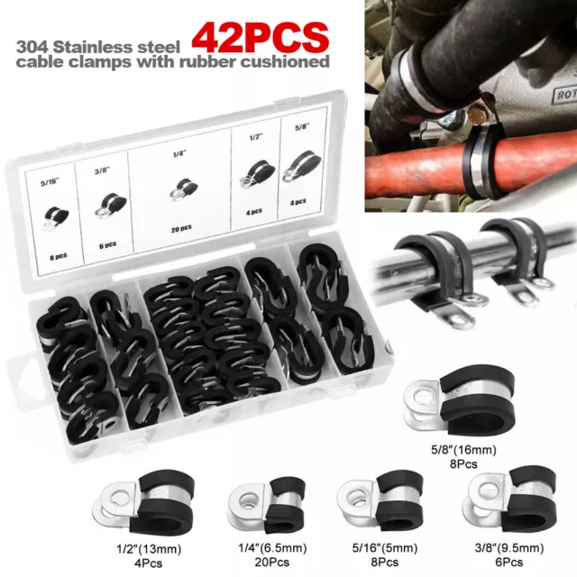 Set 42X EPDM Rubber Lined P Clips Cable Hose Pipe Clamps Holder Air Clip Clamp