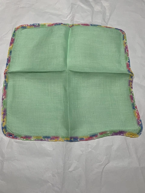 Vtg 60s Hanky Handkerchief Hankie Linen Hand Crocheted Edge Green