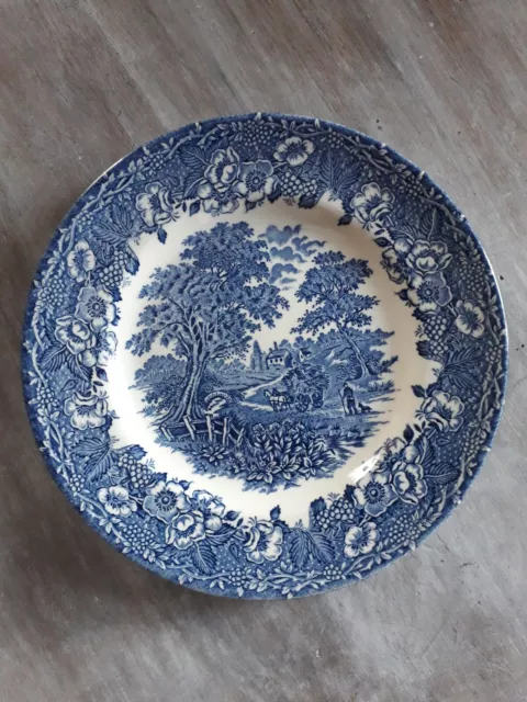 Assiette à dessert en céramique anglaise décor champêtre bleu EIT England