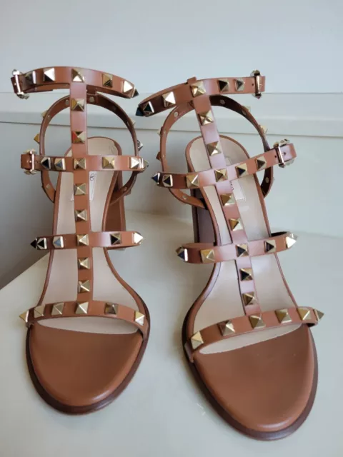 Valentino Rockstud Brown Calfskin Leather Ankle Strap Sandal 90 Mm 39. 5 Us 9