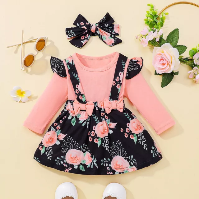 Baby Girl Floral Outfit Ruffle Romper Jumpsuit Dress Skirt Headband Xmas Clothes