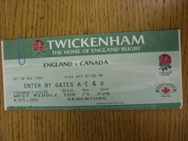 28/08/1999 Rugby Union Ticket: England v Canada [At Twickenham]