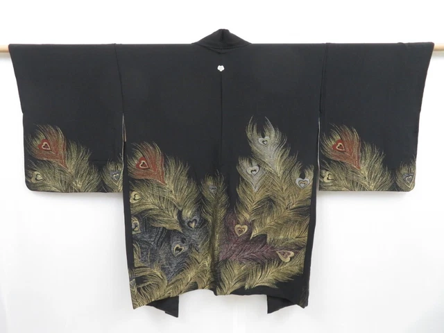 3510T01z610 Vintage Japanese Kimono Silk HAORI Peacock feather Black