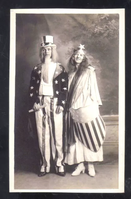 Real Photo Patriotic Couple Uncle Sam Lady Liberty Costume Postcard Copy