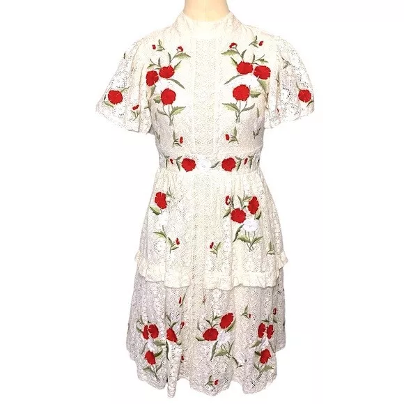 Frock & Frill White Crochet Lace Midi Dress Sz 2 Red Floral Embroidered Festival