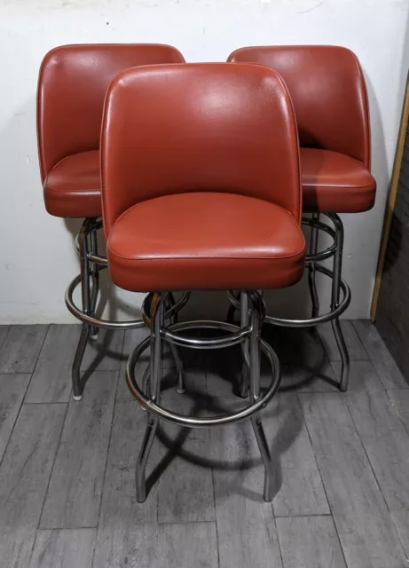 Vintage Set of 3 Mid Century Modern Chrome & Vinyl Bucket Seat Swivel Bar Stools