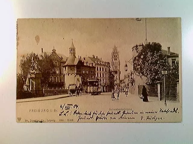 Freiburg i. Br., Schwabentorbrücke, Straßenbahn, Kutsche, Personen, AK, gelaufen