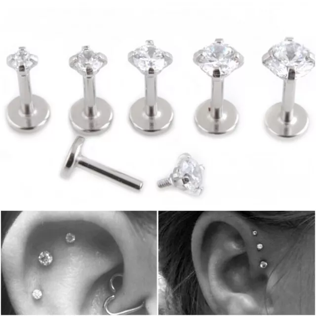Crystal PRONG 16g Steel Labret Studs Triple Helix Cartilage Tragus Bar Conch x 1