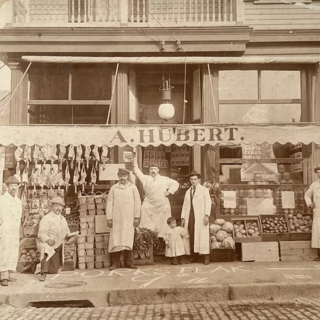 Antique Cabinet Card Group Photograph Men Street View Grocery Store ID Hubert