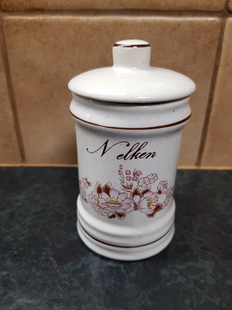 1 kleiner Nelken Deko Gewürztopf Porzellan creme rosa braun Aufschrift und Blüte
