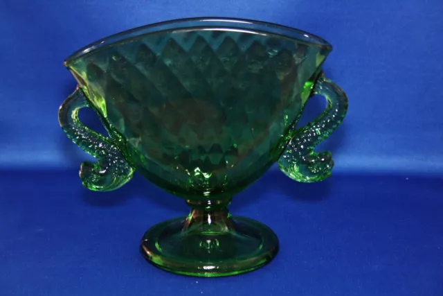 Antique Fenton Green Art Glass Fan Vase Fish Handles Dolphin, Koi Handles 1920s