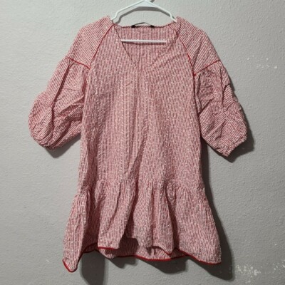 Zara Basic Embroidered Eyelet Striped Tunic Dress 4387/033 Size S Red White
