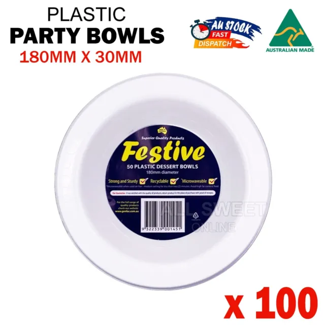 100x Reusable White Plastic Dinner Bowls 180mm Catering Picnic Microwaveable