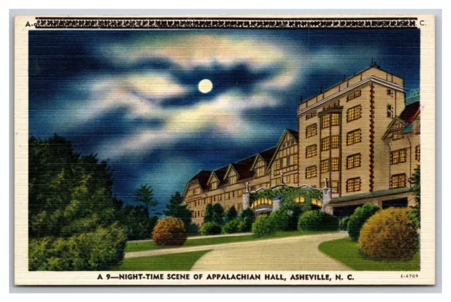Moonlight Night View Appalachian Hall Asheville NC Linen Unposted Postcard