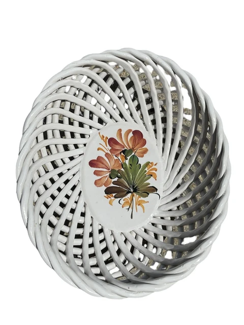 Bassano Italian Pottery Woven Bowl White Lattice Weave Hand Painted Floral Vtg