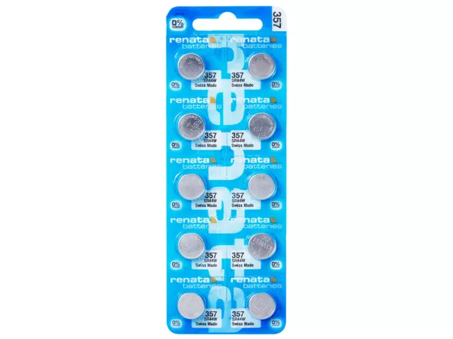 10 x Renata 357 Pila Batteria Orologio Mercury Free Silver Oxide SR44W 1.55V