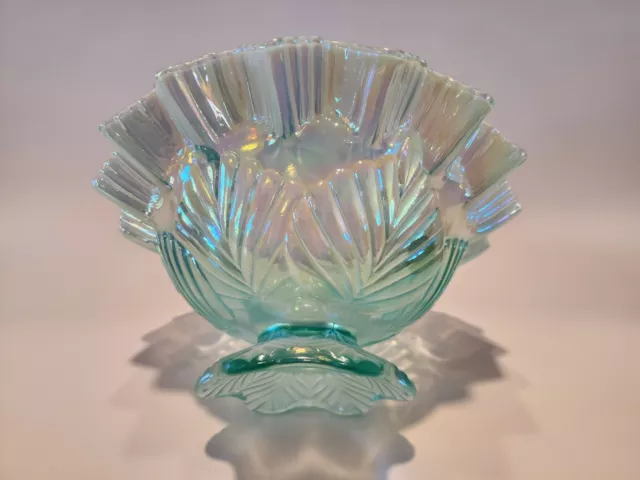Fenton Art Glass - Iridescent Green Bowl with Foot - Has Fenton Sticker