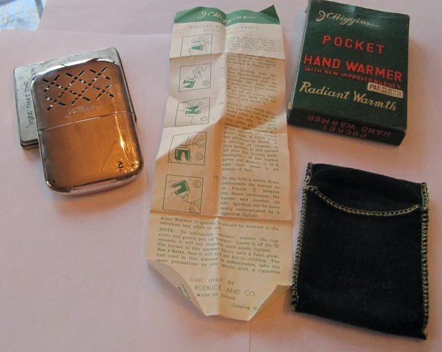 VINTAGE SEARS ROEBUCK, JC Higgins Metal Hand Warmer with Pouch & Box
