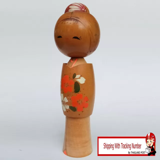 Kokeshi Japanese Wooden Doll Girl Wear Kimono & Haori Jacket Flower Painting