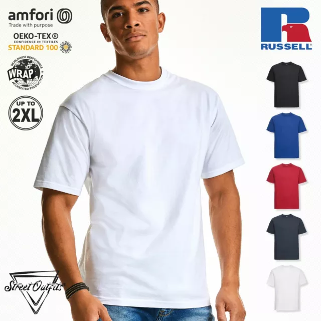 Mens Heavy Cotton T-Shirt Russell Plain Short Sleeve Shirt Round Crew Neck Top